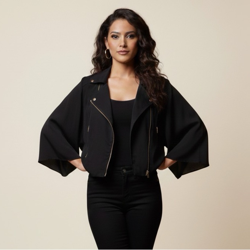 Whistles Black 100% Silk Cropped Moto Jacket US 6/ UK 10